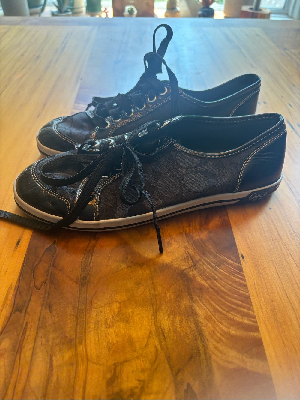 Coach Women's Brown Signature Canvas Lace-Up Sneakers with Leather Trim